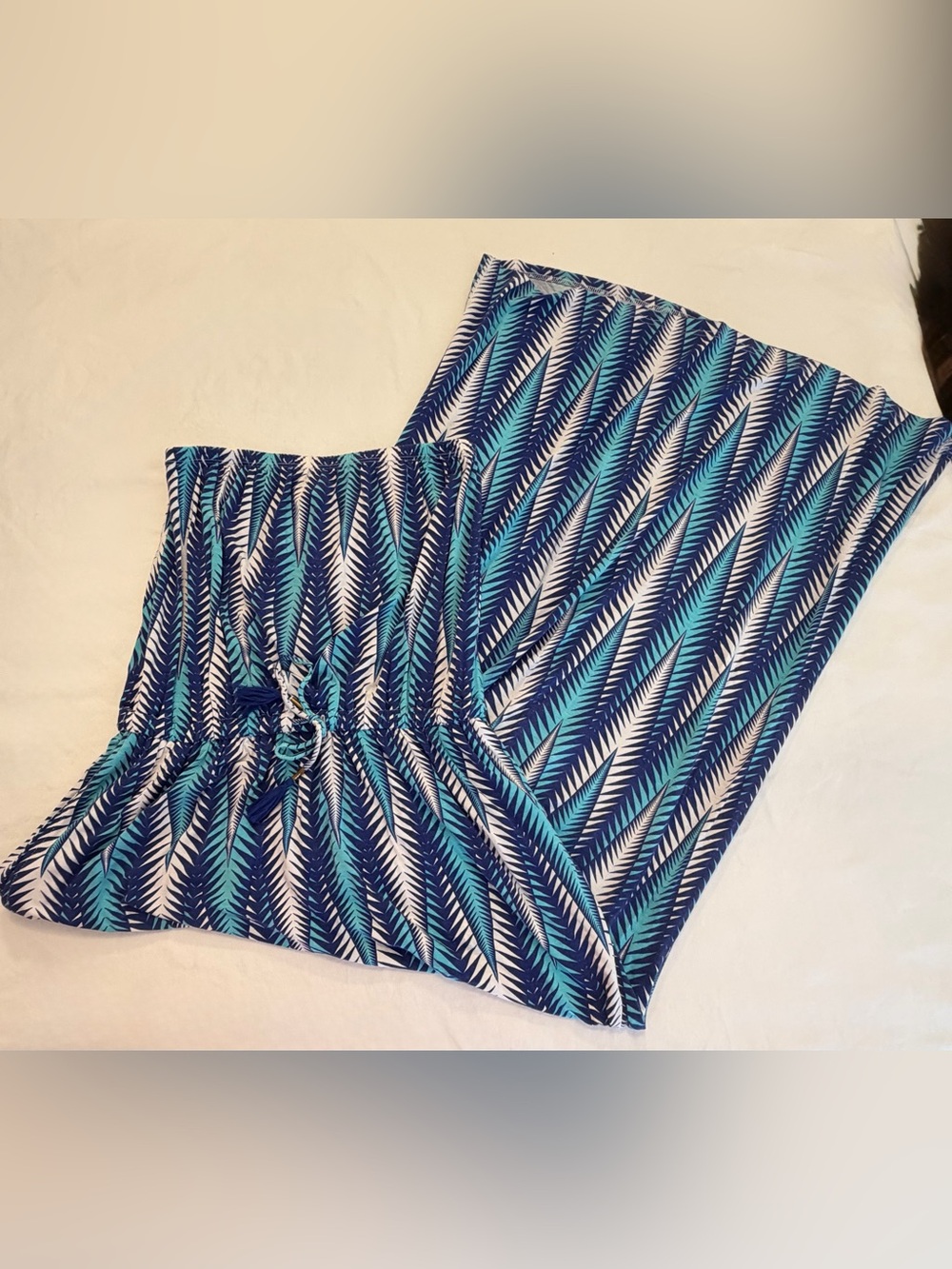 Macbeth Collection by Margaret Josephs Blue Teal Palm-Print Strapless Dress